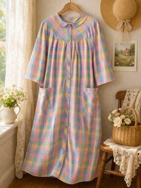 Pastel Plaid Cottagecore Dress Prairie Smock Midi Pockets Vintage Style M